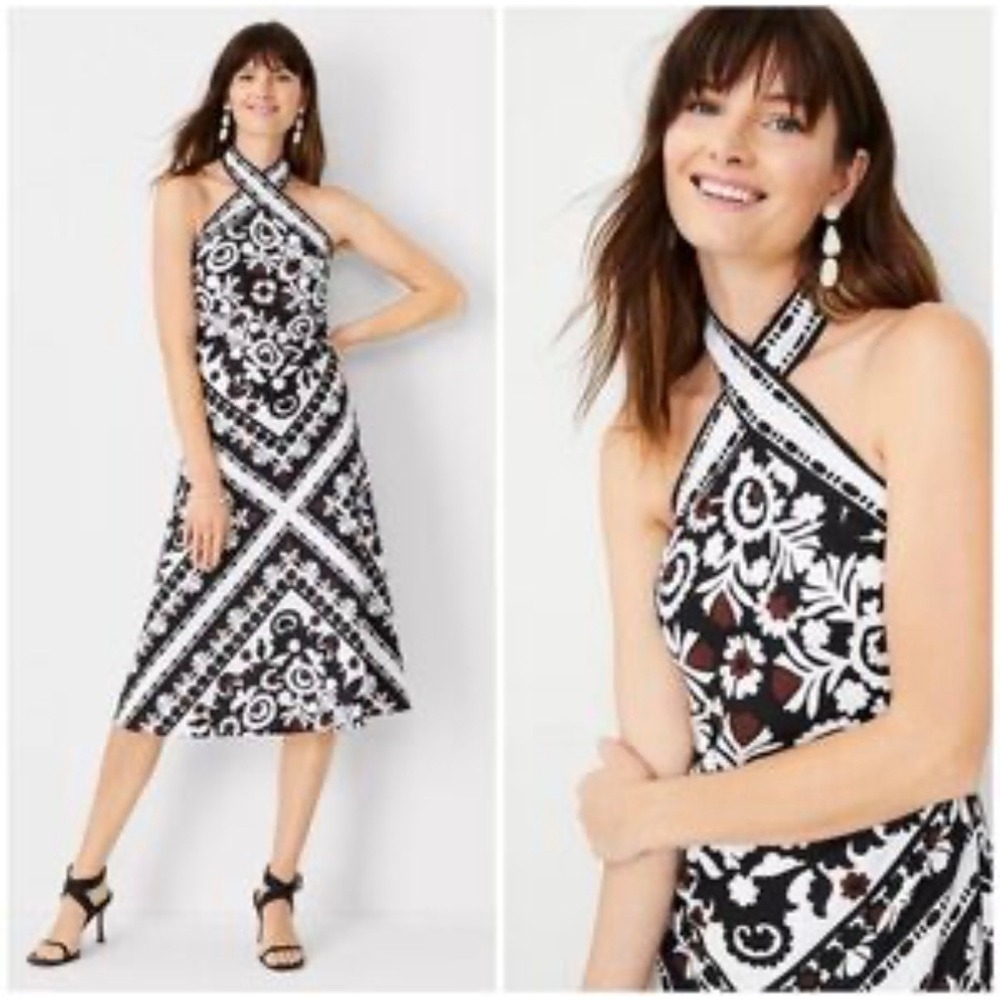 Ann Taylor Halter Neck Linen Blend Midi Dress Petite 12P Scarf Print Black Brown